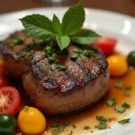 Solomillo de ternera a la parrilla presentado de manera gourmet con verduras frescas.