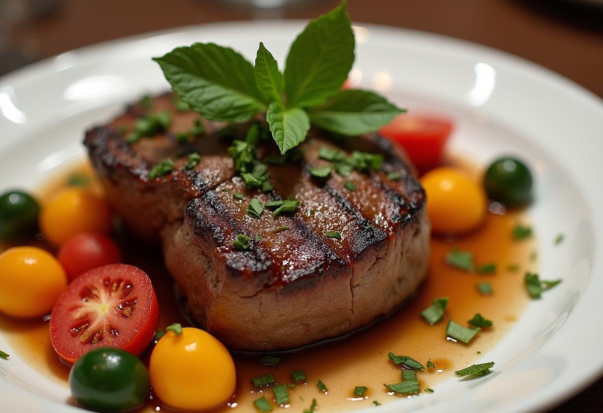 Solomillo de ternera a la parrilla presentado de manera gourmet con verduras frescas.