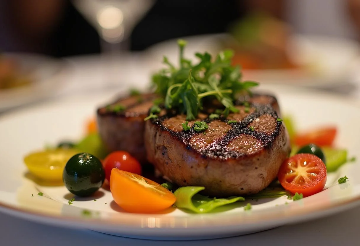 Solomillo de ternera a la parrilla presentado de manera gourmet con verduras frescas.