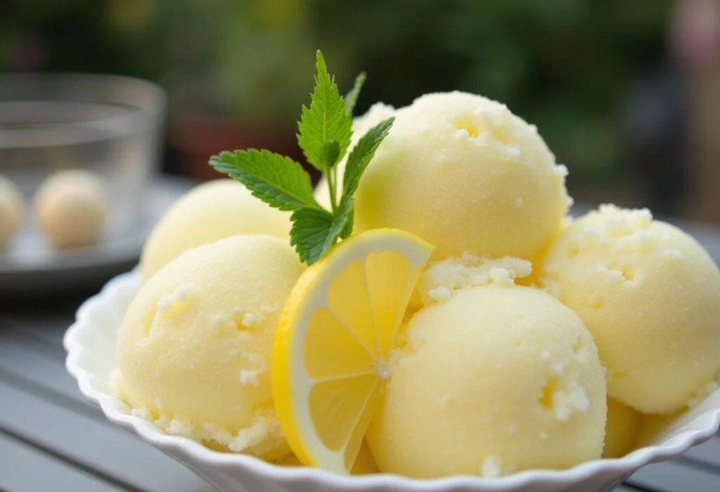 Delicious sorbete de limon al cava served in a bowl, perfect for a refreshing summer treat.