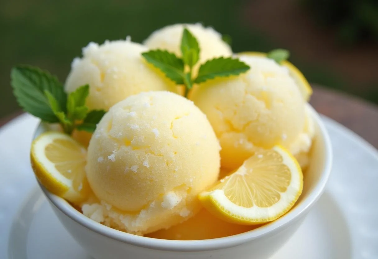 Delicioso sorbete de limon al cava servido en un tazón, perfecto para una refrescante delicia de verano.
