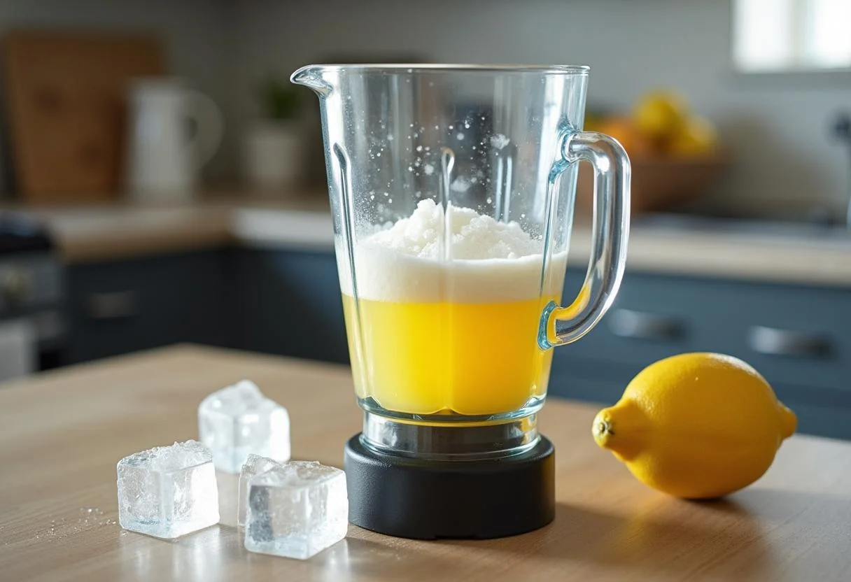 Licuadora llena de ingredientes para el proceso de mezcla del sorbete de limon al cava.