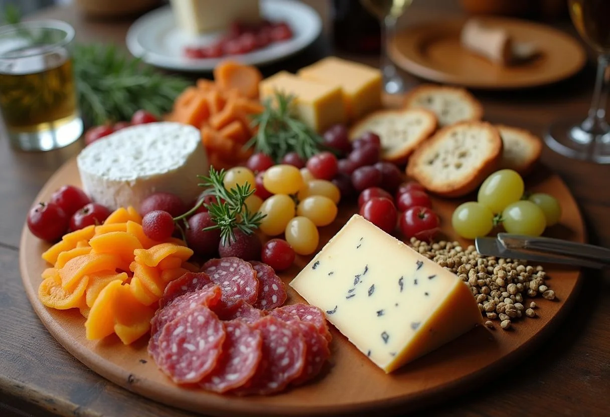 Tabla de quesos y embutidos ibéricos lista para disfrutar en una reunión festiva.