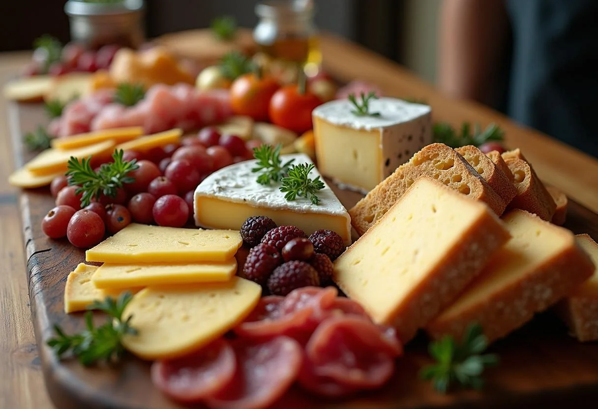 Tabla de quesos y embutidos ibéricos lista para disfrutar en una reunión festiva.