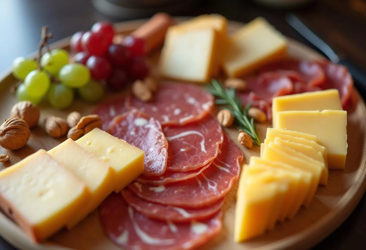 Embutidos ibéricos como Jamón Ibérico y chorizo dispuestos en la tabla de quesos y embutidos.