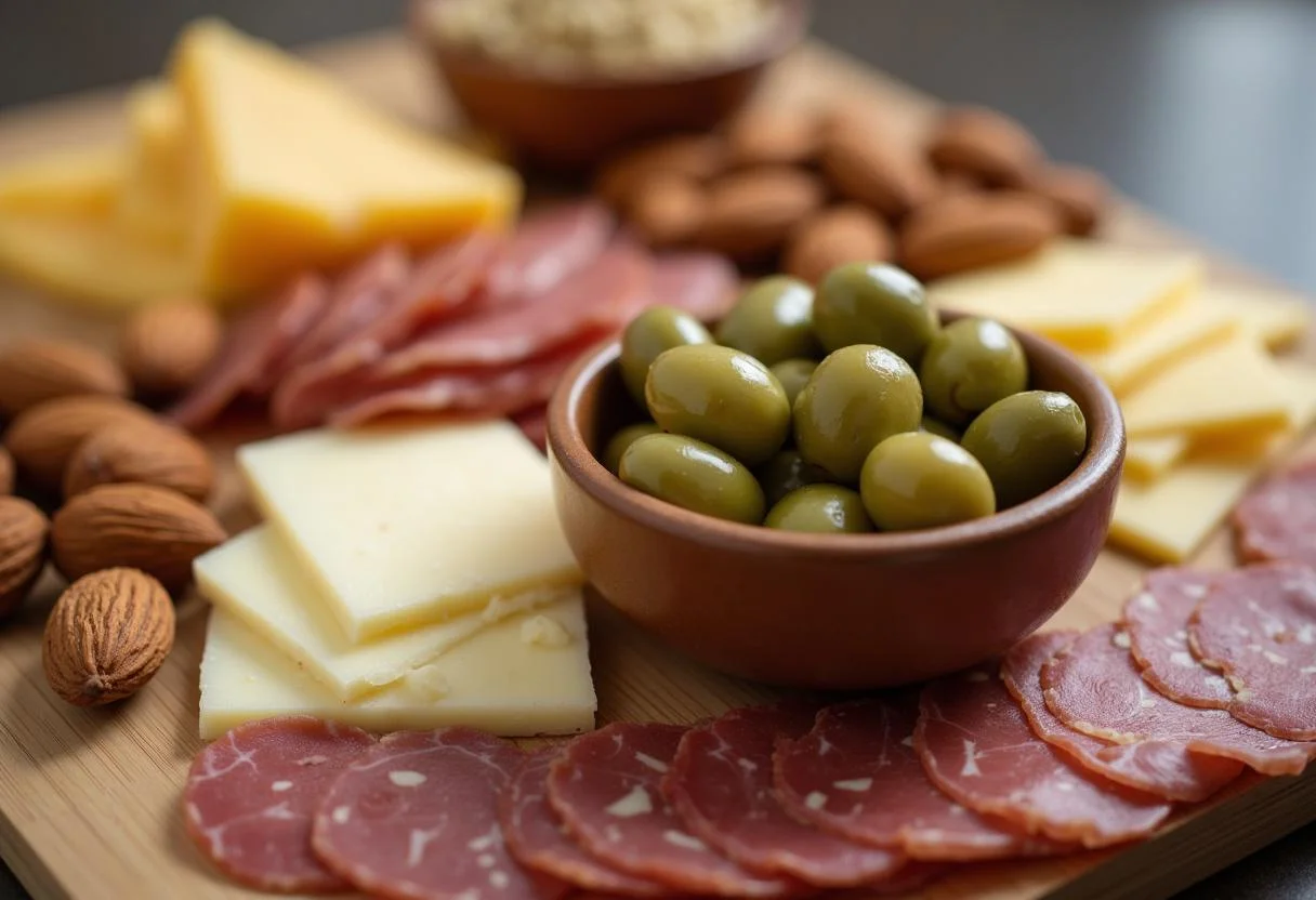 Aceitunas y almendras en un bol, perfectas para acompañar la tabla de quesos y embutidos.