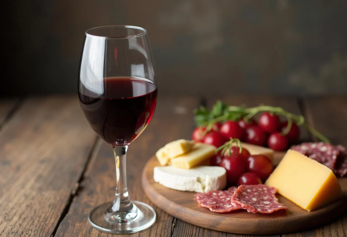 Vino tinto servido junto a la tabla de quesos y embutidos ibéricos para disfrutar armoniosamente.