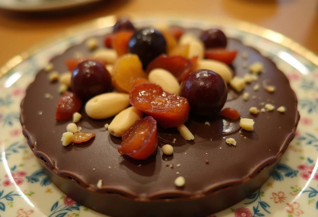 Tableta de chocolate variado terminada, decorada con nueces y frutas secas.