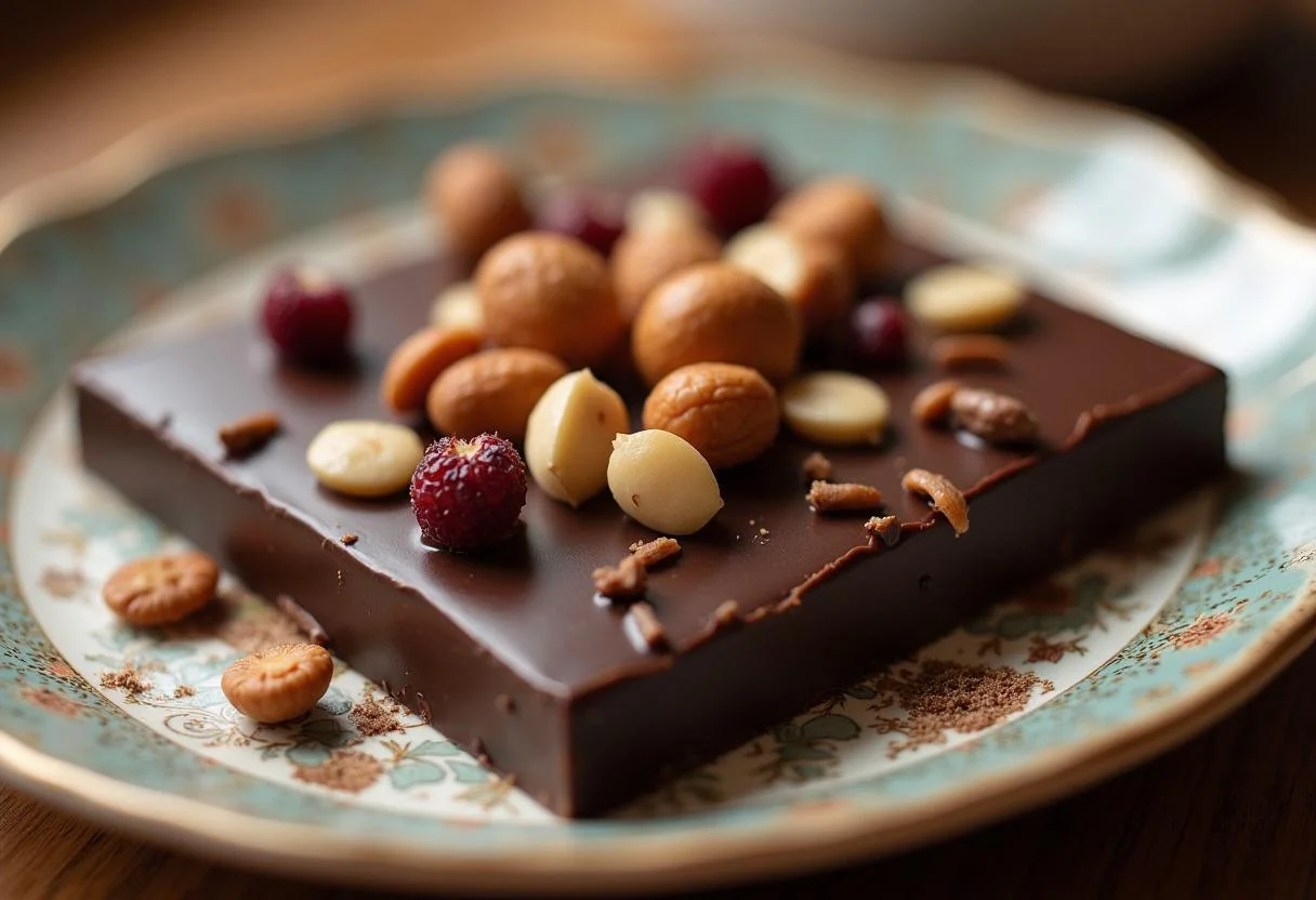 Tableta de chocolate variado terminada, decorada con nueces y frutas secas.