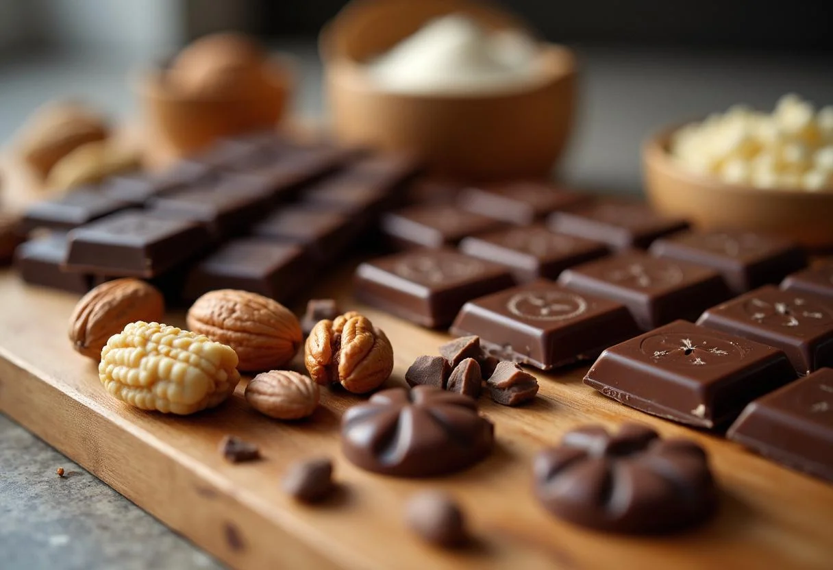Ingredientes para hacer una tableta de chocolate variado sobre una encimera de madera.