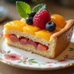 Porción de tarta de fruta y hojaldre con frutas frescas, lista para disfrutar.