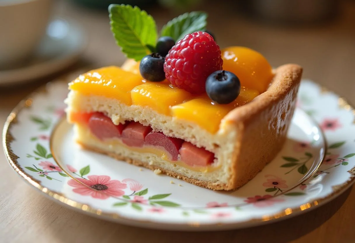 Porción de tarta de fruta y hojaldre con frutas frescas, lista para disfrutar.
