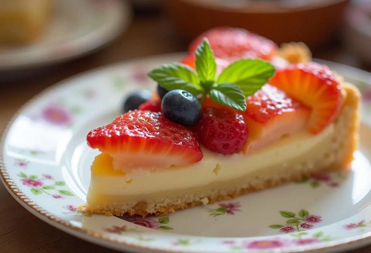Porción de tarta de fruta y hojaldre con frutas frescas, lista para disfrutar.