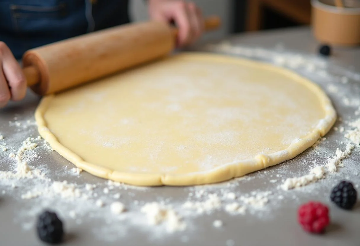 Preparación de la base de tarta de fruta y hojaldre con masa casera enrollada.