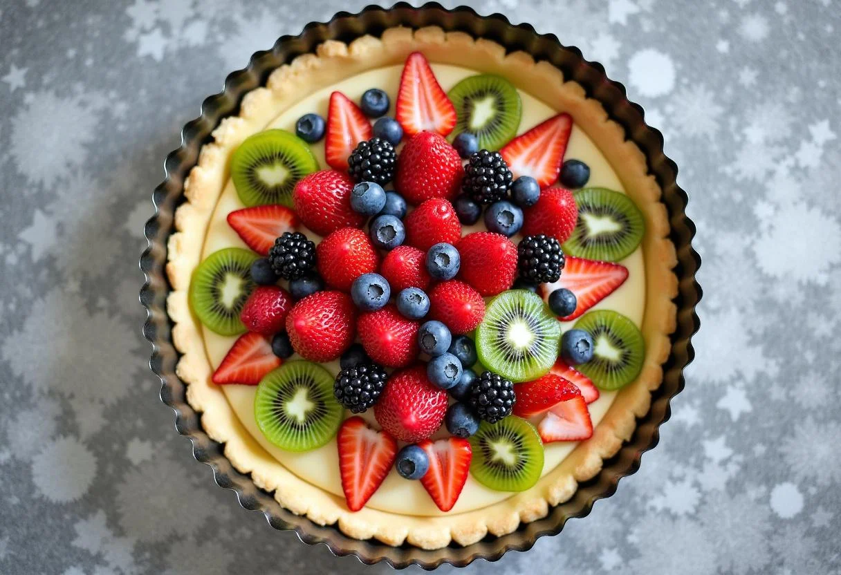 Frutas frescas dispuestas sobre la masa de hojaldre para la tarta de fruta y hojaldre.