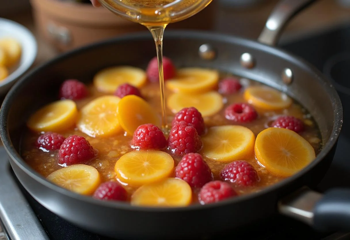 Glaseado de frutas siendo preparado para la tarta de fruta y hojaldre casera.