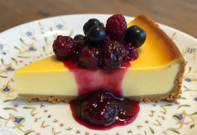 Porción de tarta de queso La Viña Thermomix decorada con compota de bayas, perfecta para disfrutar.