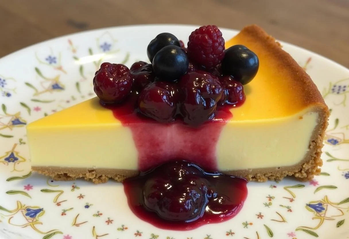 Porción de tarta de queso La Viña Thermomix decorada con compota de bayas, perfecta para disfrutar.