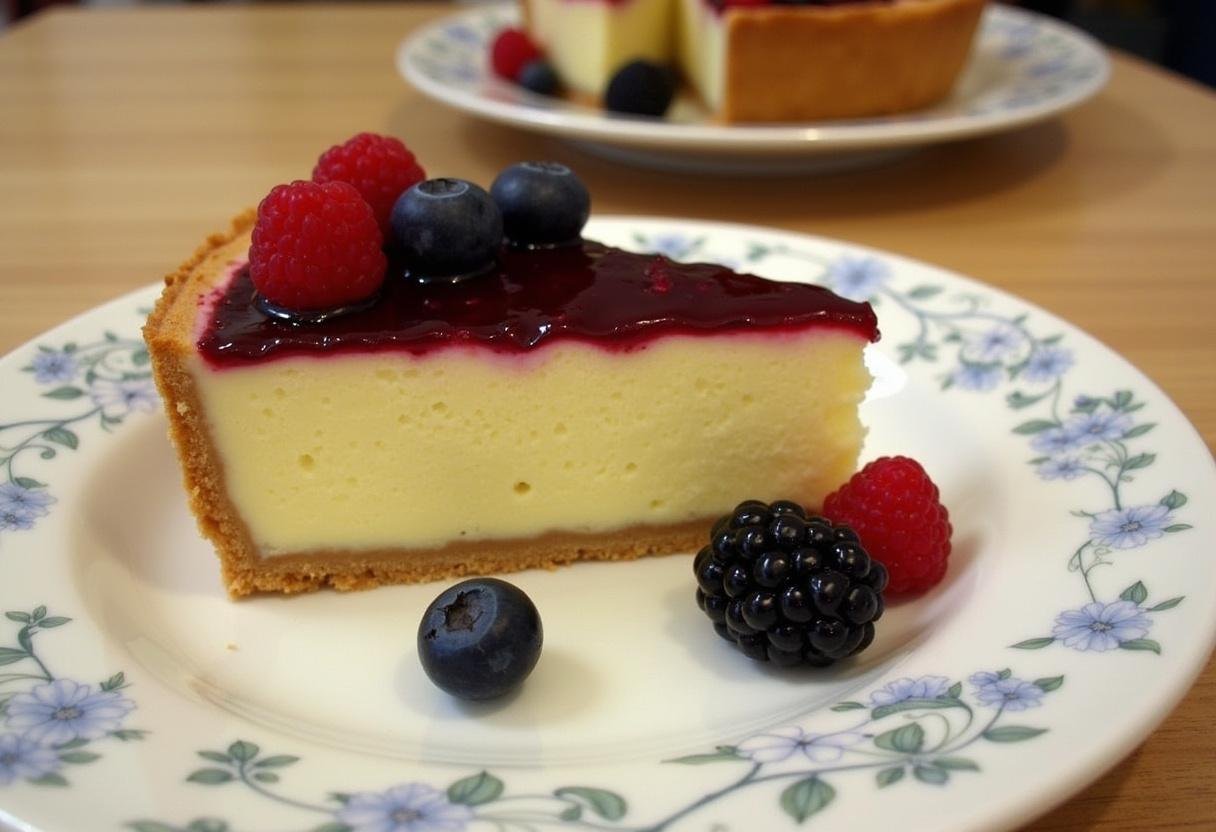 Porción de tarta de queso La Viña Thermomix decorada con compota de bayas, perfecta para disfrutar.