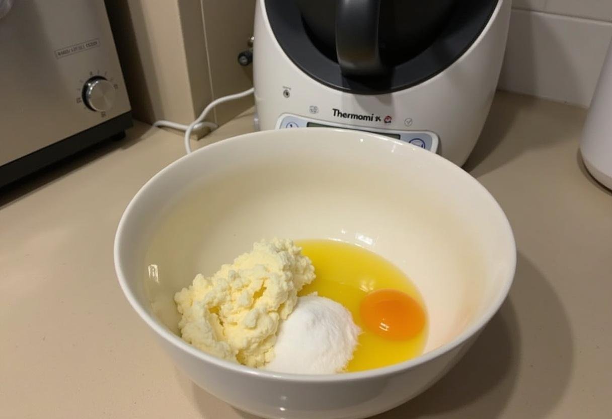 Ingredientes preparados para la tarta de queso La Viña Thermomix, incluyendo queso crema y azúcar.