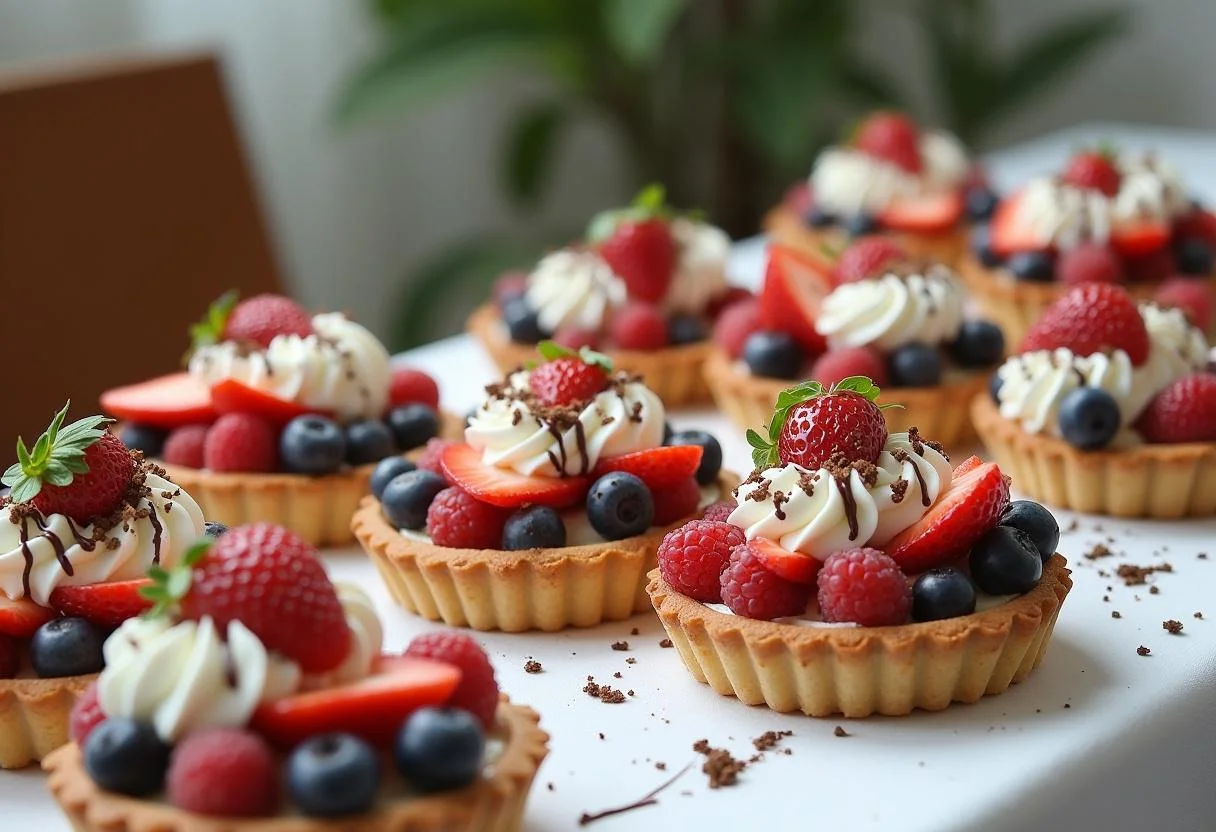 Deliciosas tartas sin gluten elegantemente terminadas, perfectas para cualquier reunión o celebración.