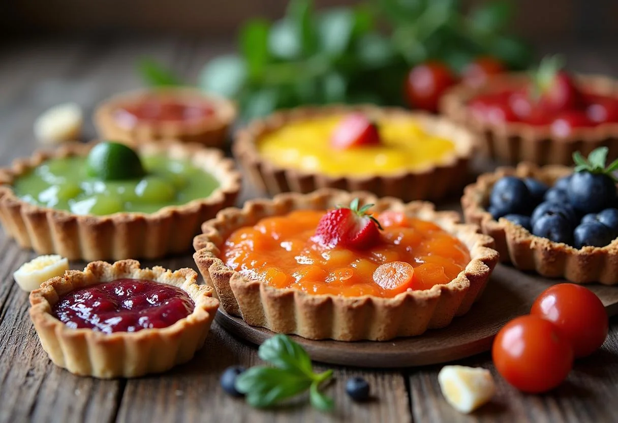 Variedad de tartas sin gluten exhibidas hermosamente, resaltando sabores y colores para tartas sin gluten.