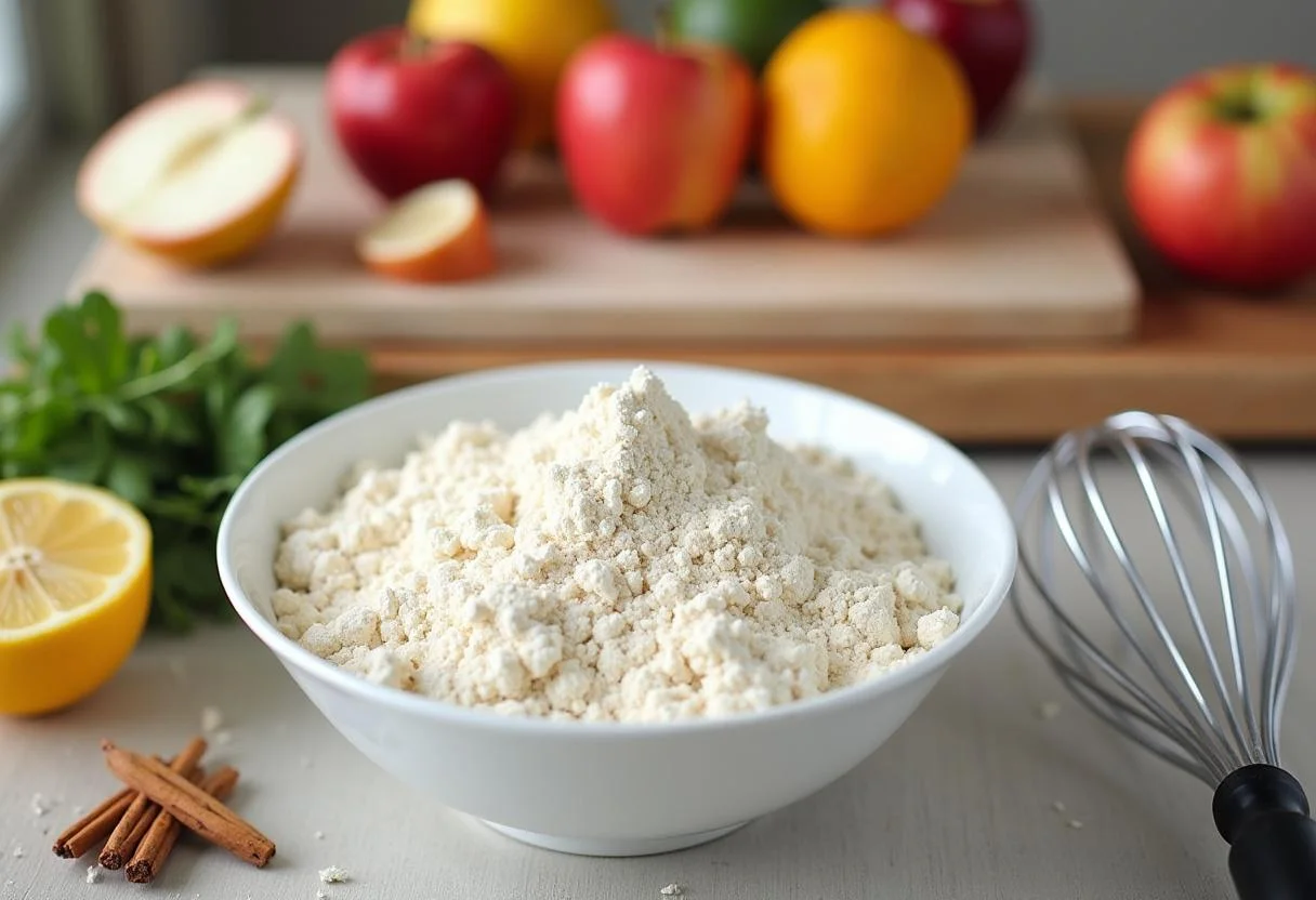Preparación de la mezcla de harina sin gluten para tarta sin gluten, con frutas frescas listas para los toppings.