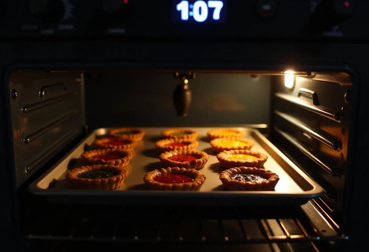 Horneando tartas sin gluten en el horno, con un temporizador listo para tartas sin gluten.