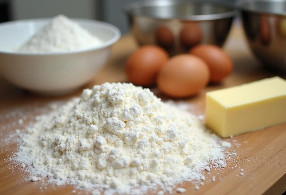 Ingredientes para tartas de cumpleaños caseras dispuestos en la encimera de la cocina.