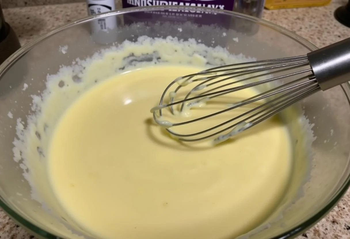 Batería de pastel de cumpleaños casera siendo mezclada en un tazón.