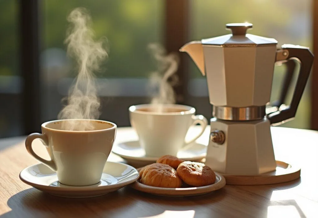 Juego de cafe perfecto con tazas cafes, café caliente, y pasteles para disfrutar.