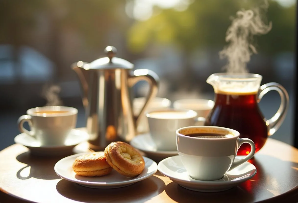Juego de cafe perfecto con tazas cafes, café caliente, y pasteles para disfrutar.