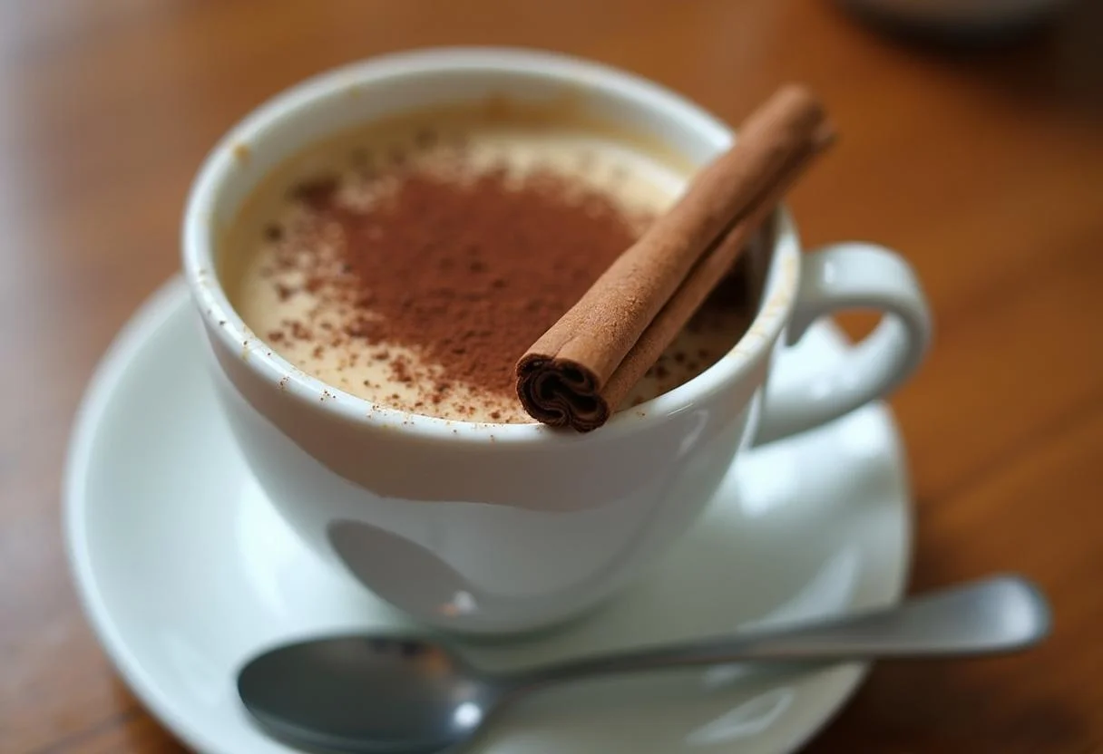 Taza de café decorada con cacao y canela, lista para degustar como parte del juego de cafe.