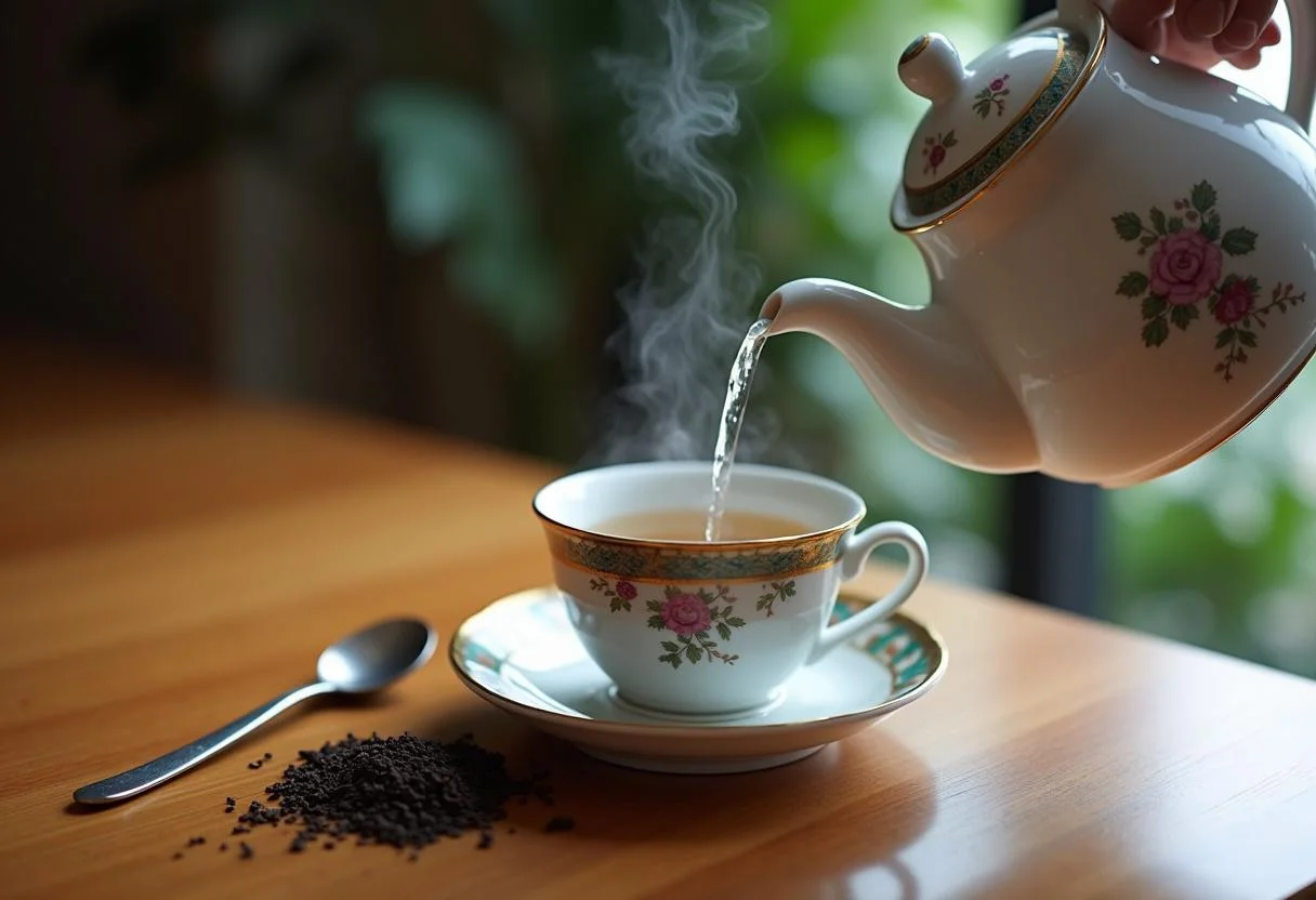 Taza de te siendo preparada con agua caliente de una tetera, ideal para disfrutar un momento relajante.