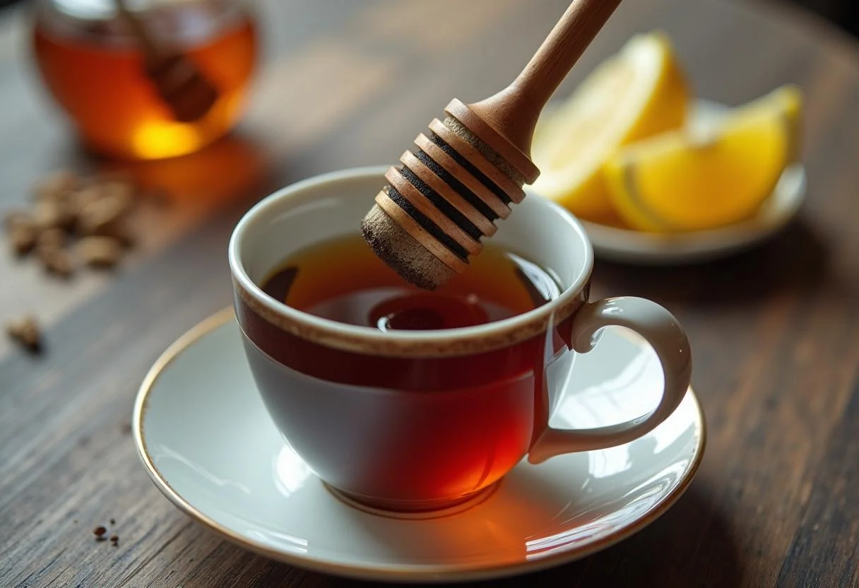 Taza de te caliente con infusor siendo retirado, listo para servir con miel y limón.