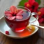 Finished te de hibisco served in a cup with hibiscus flowers and honey for a refreshing drink.