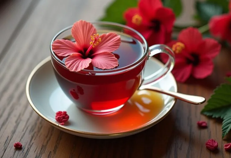 Finished te de hibisco served in a cup with hibiscus flowers and honey for a refreshing drink.