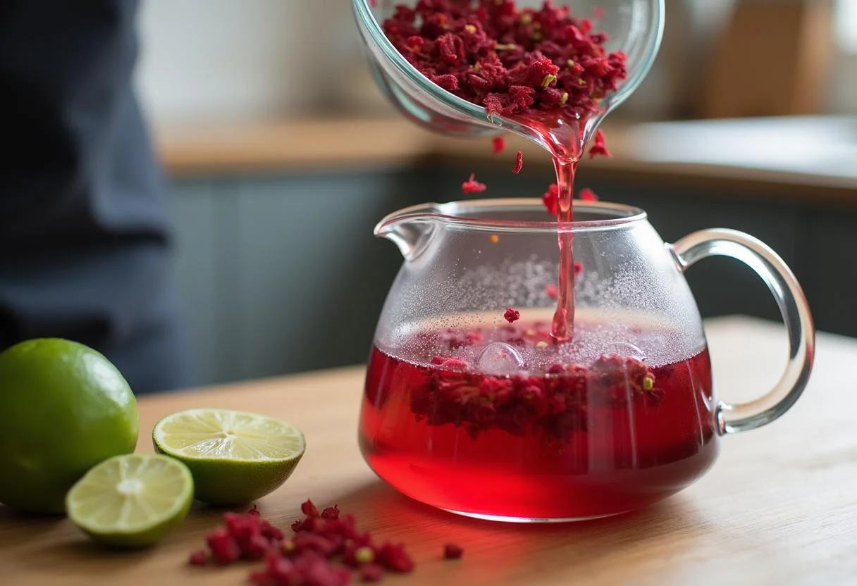 Flores de hibisco secas que se añaden a una tetera para preparar el té de hibisco.