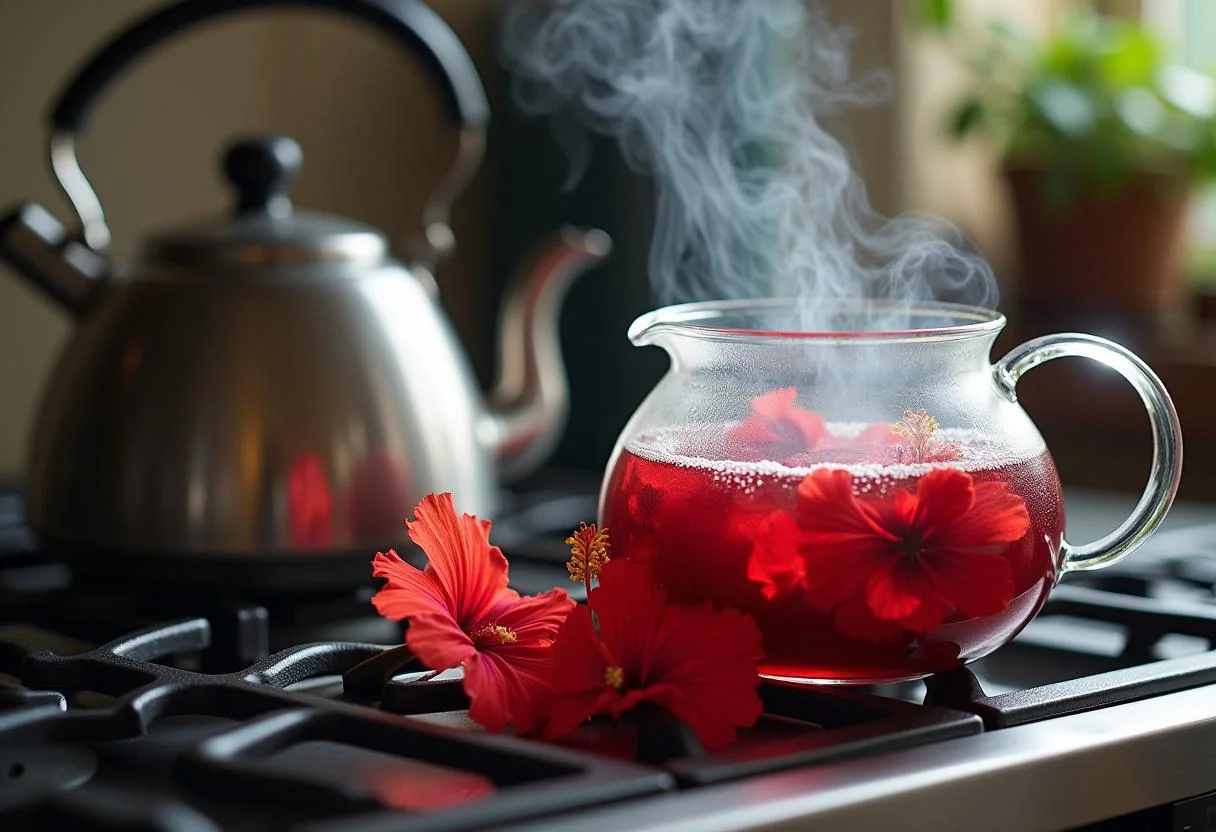 Preparación de agua hirviendo para hacer té de hibisco con flores de hibisco.