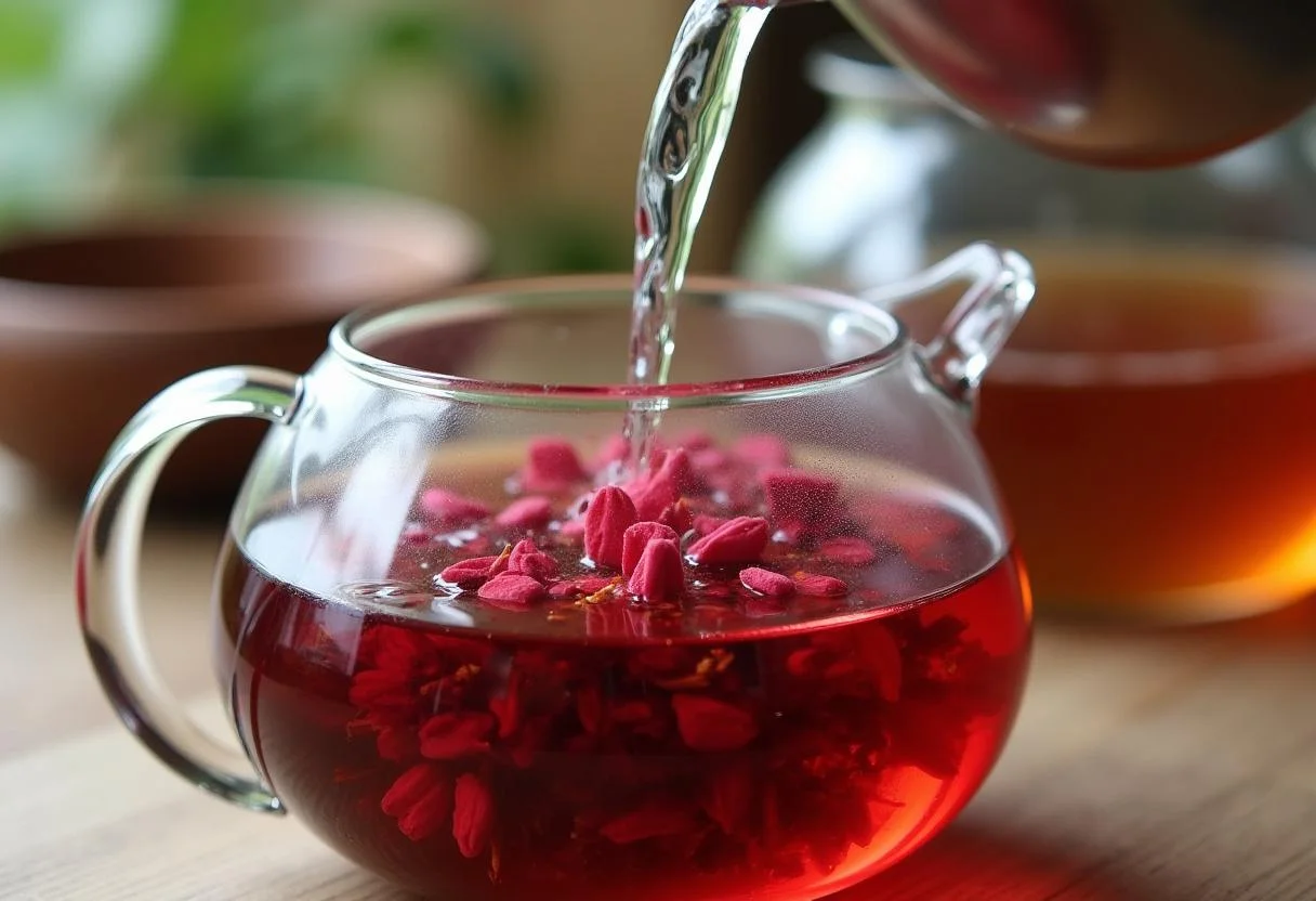 Agua caliente que se vierte sobre flores de hibisco secas para la infusión de té de hibisco.