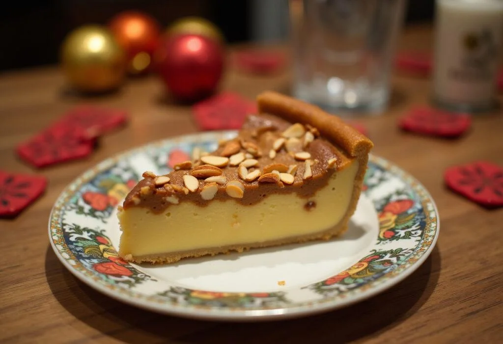 Slice of Thermomix Tarta de Santiago beautifully presented, highlighting its almond flavor.