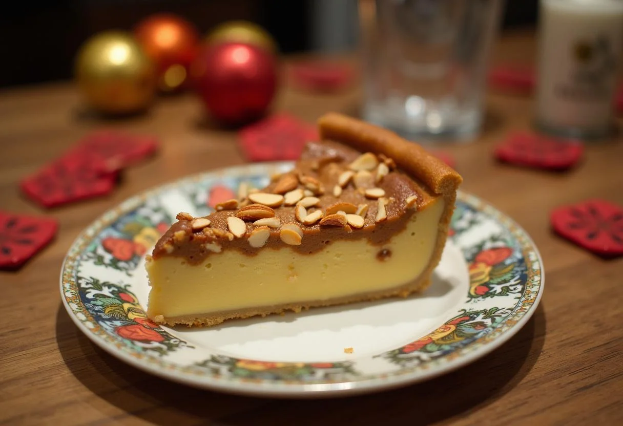 Slice of Thermomix Tarta de Santiago beautifully presented, highlighting its almond flavor.