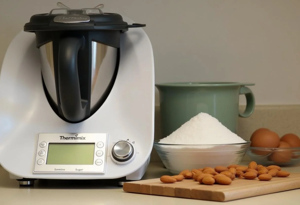 Ingredients for Thermomix Tarta de Santiago, including almonds and sugar, ready for mixing.