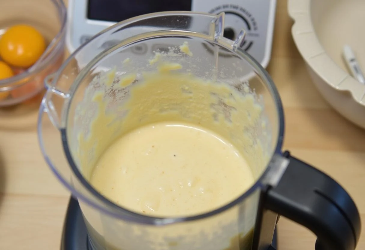 Blending ingredients in Thermomix for Tarta de Santiago with almonds and sugar.