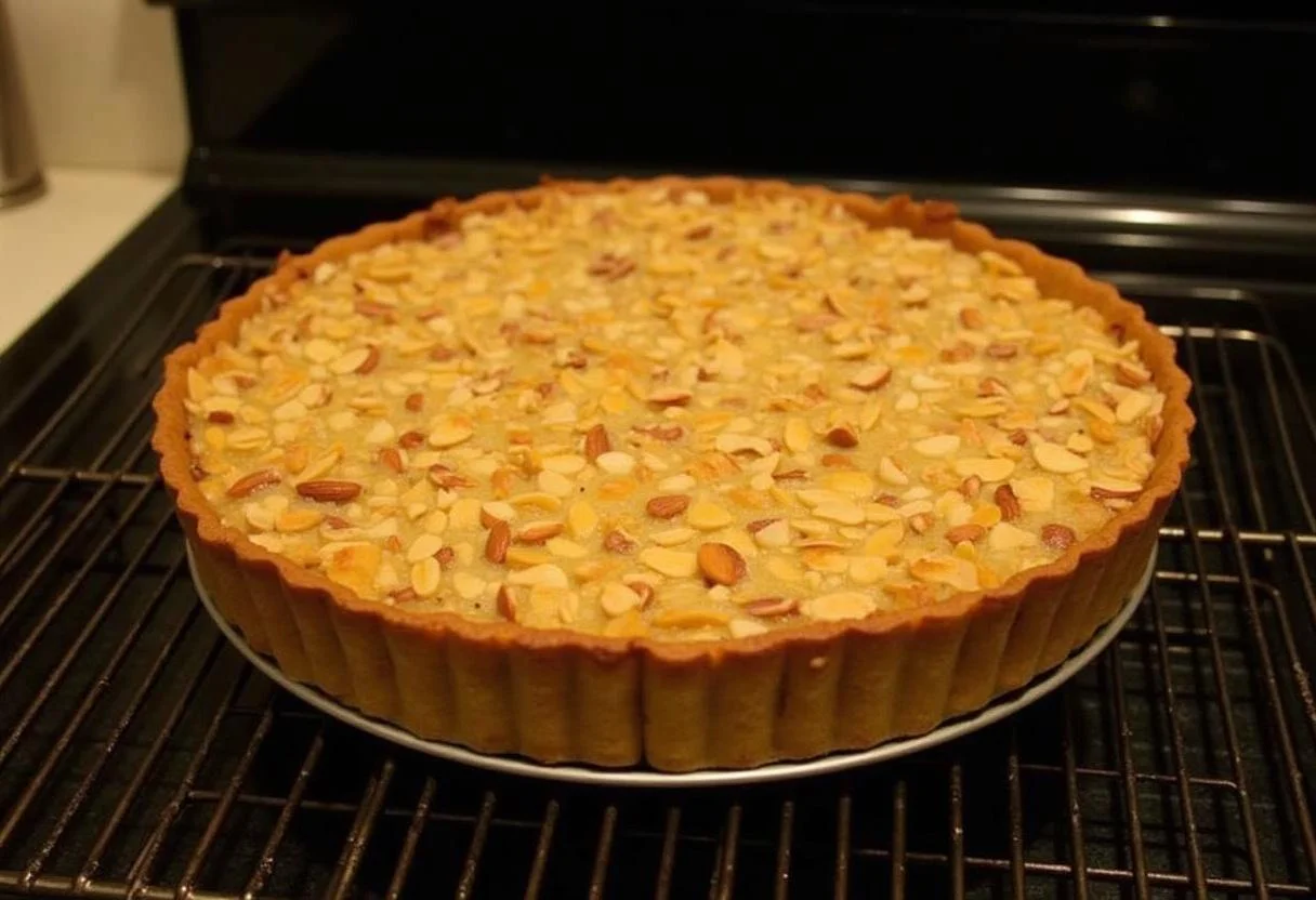 Cooling Tarta de Santiago on a wire rack, showcasing its delicious almond crust.