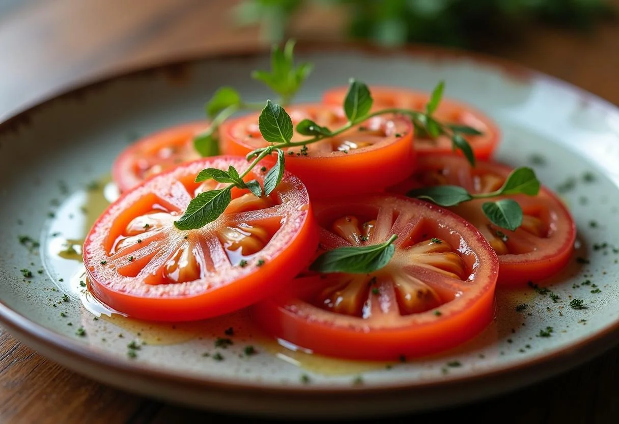 Presentación final del tomate rosa de Barbastro, perfecto para una ensalada refrescante.