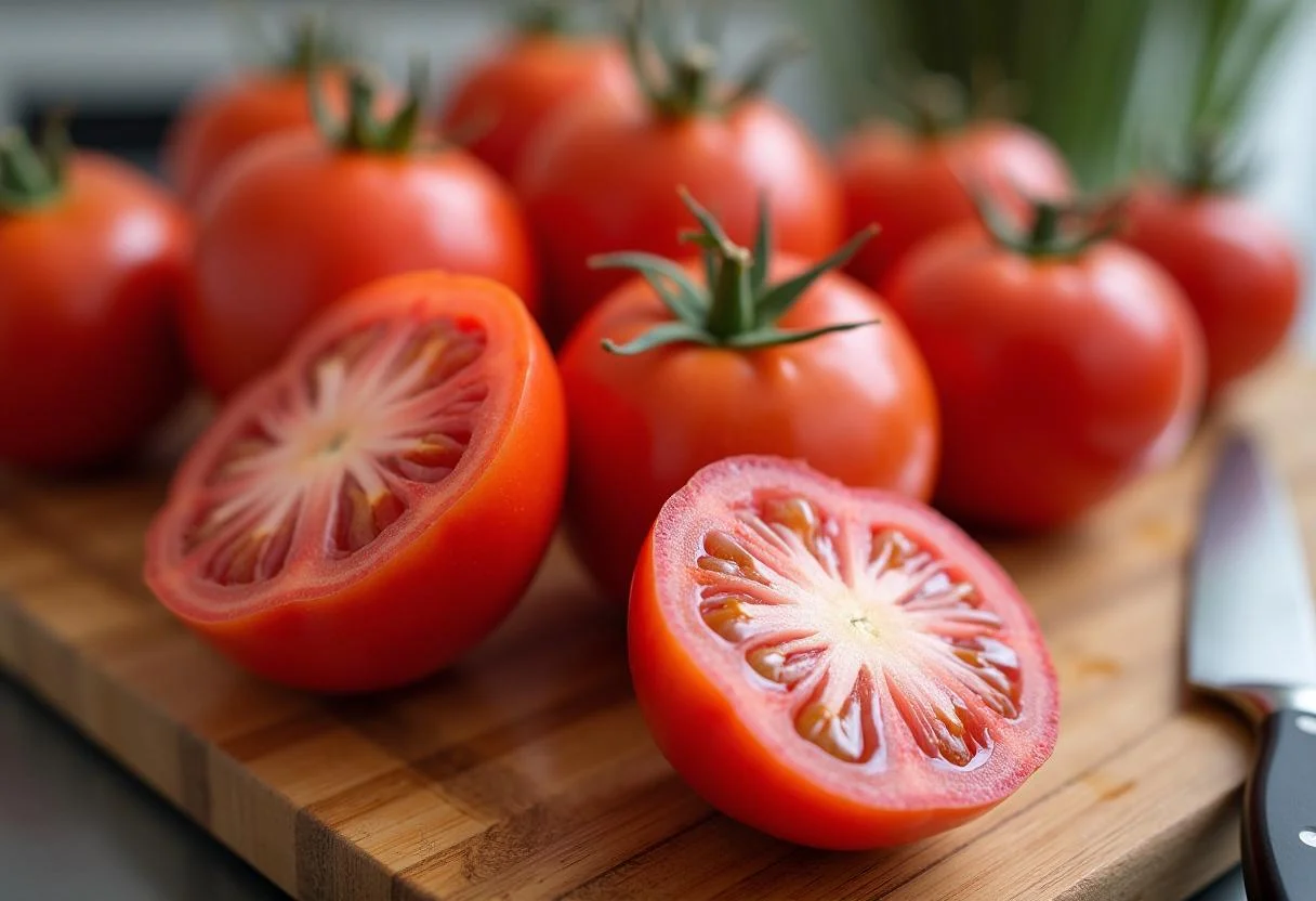 Tomate rosa de Barbastro exhibido en una tabla de cortar para la Receta de Tomate Rosa.