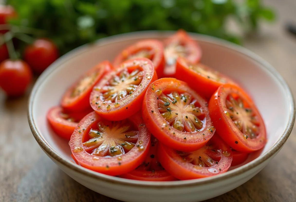 Tomate rosa de Barbastro en rodajas preparado con aceite de oliva para la Receta de Tomate Rosa.