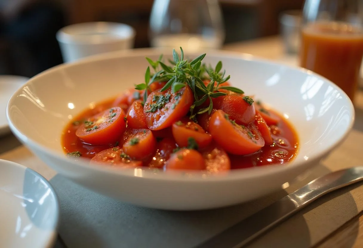 Plato terminado de tomate con ácido úrico listo para disfrutar.