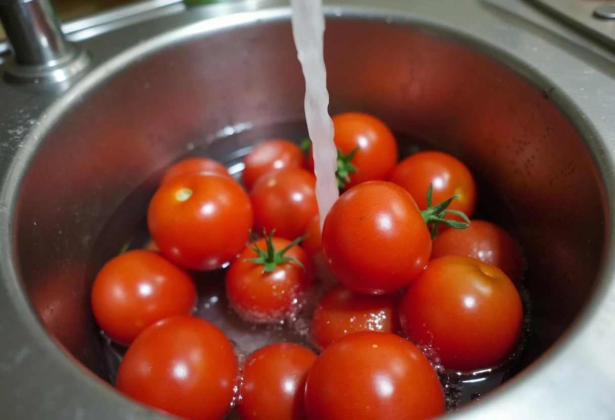 Lavando tomates frescos para la receta de tomate con ácido úrico.